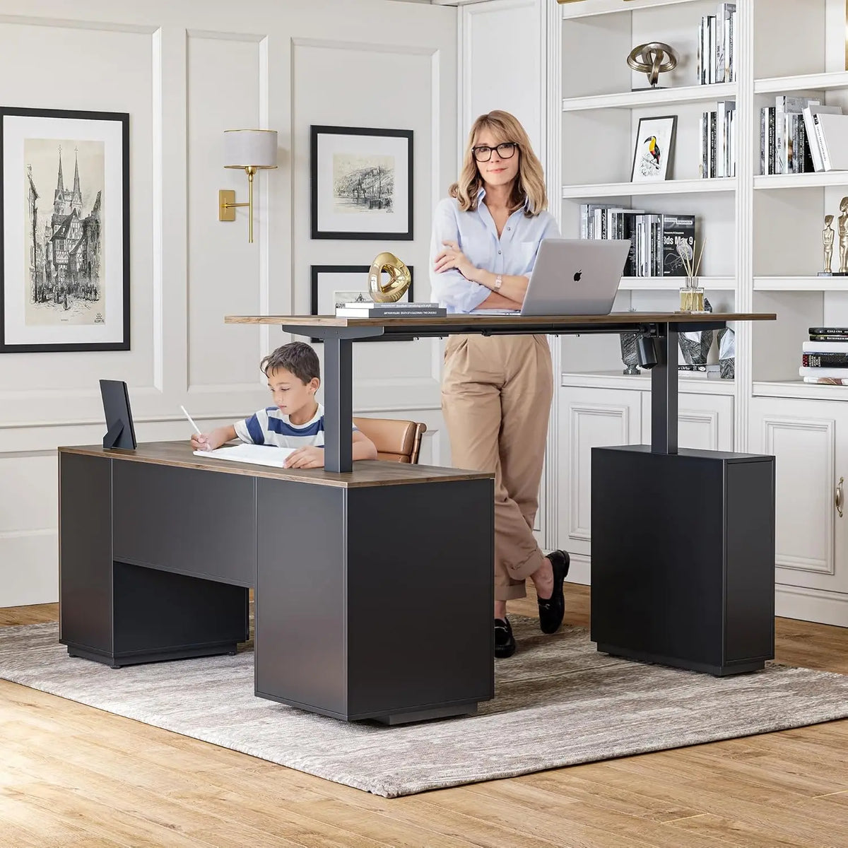 63" L Shaped Standing Desk with Storage, Height Adjustable Table