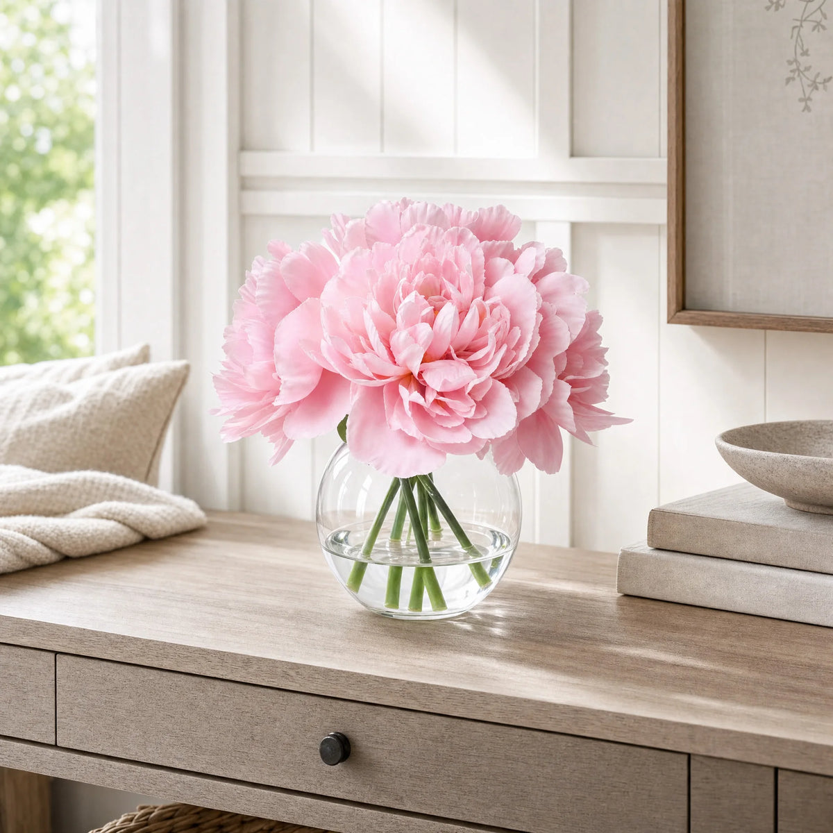 Realistic Artificial Peony Bouquet In Clear Glass Vase
