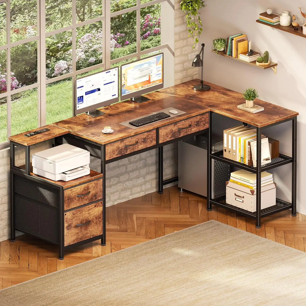 57" L Shaped Computer Desk with Power Outlet, Drawers, Rustic Brown