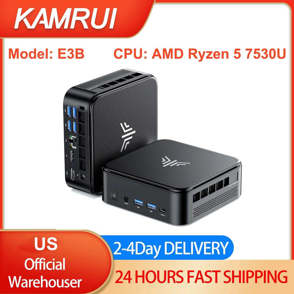 KAMRUI E3B AMD Ryzen 5 7530U Mini PC 16GB RAM 512GB ROM 4K Display