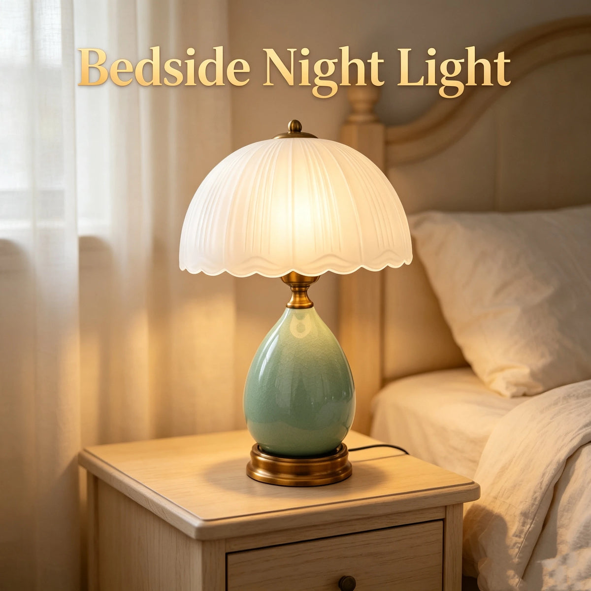 Vintage Crackle Green Ceramic Table Lamp with Frosted Glass Shade