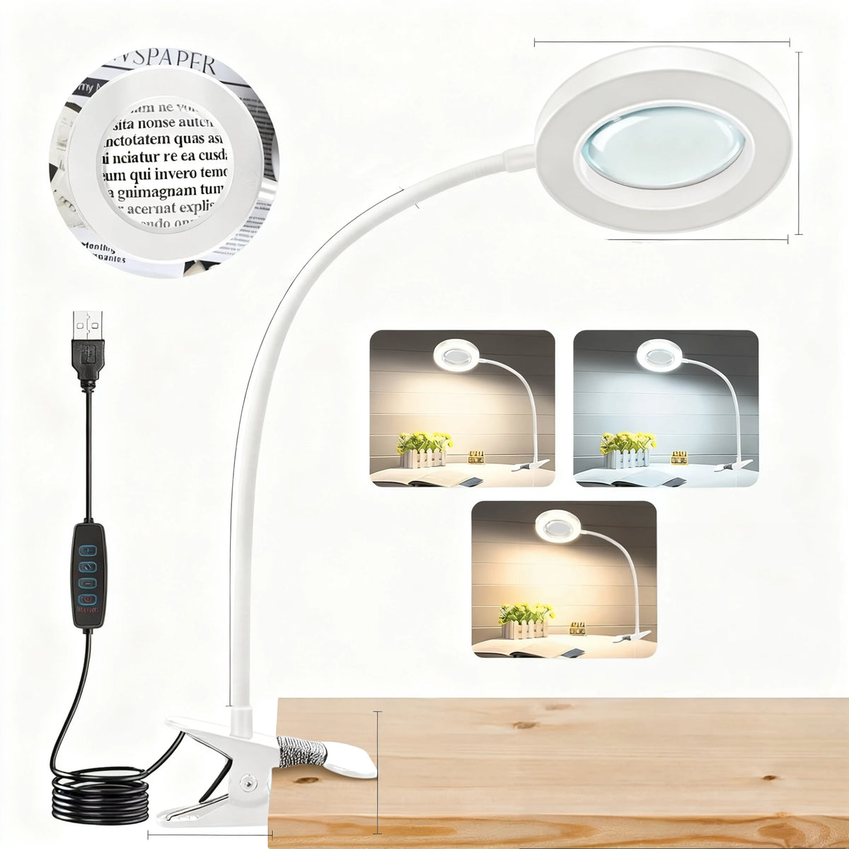 LED Clip-On Magnifying Desk Lamp 5X Magnifier USB Powered 3 Colors 10 Levels