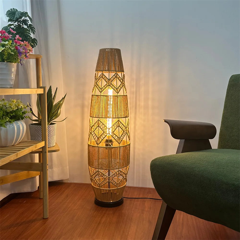 Tall Vintage Wicker Floor Lamp Woven Cane Rattan Art Ethnic LED