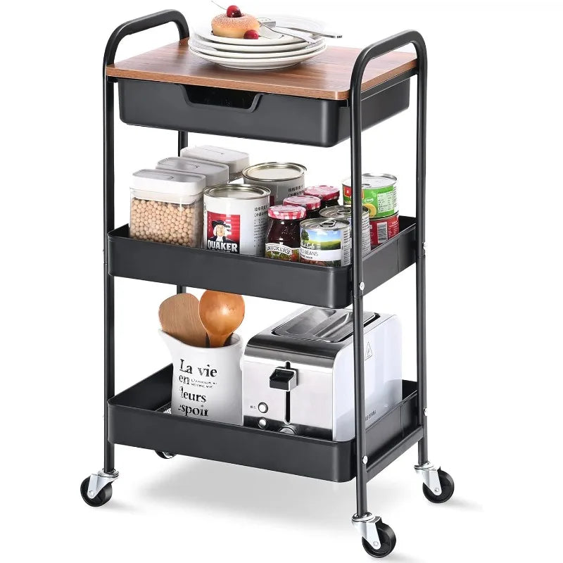 3-Tier Utility Rolling Cart with Wooden Board and Drawer