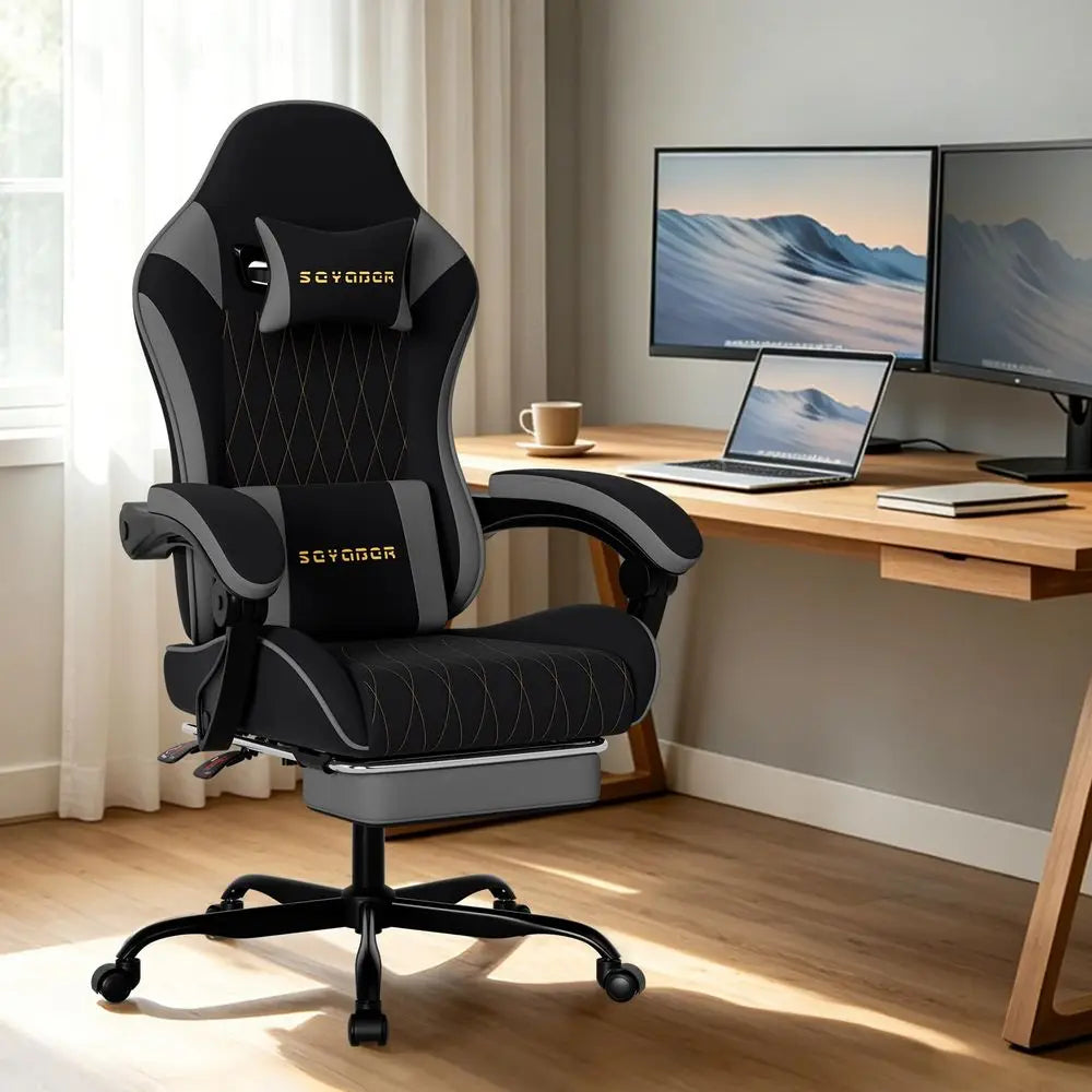 Fabric Gaming Chair with Footrest, Gold Diamond Stitching, Height Adjustable