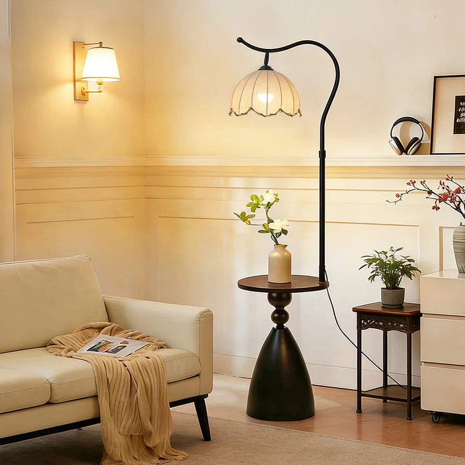 Vintage-Style Floor Lamp: featuring a hanging shade and a solid wood tabletop