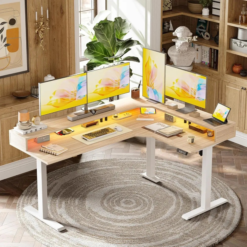 63'' L-Shaped Standing Desk with LED Light Strip and Power Outlet