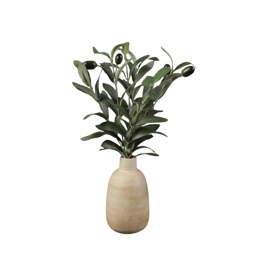 15 Inch Artificial Olive Plant in Wood Finish Ceramic Vase