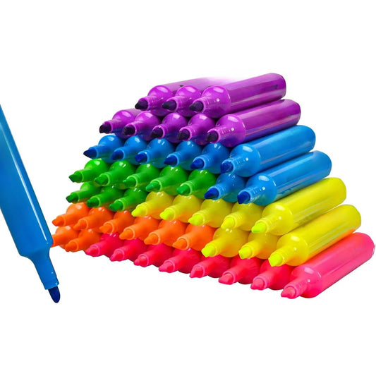 A set of highlighters, colored markers and liquid ink