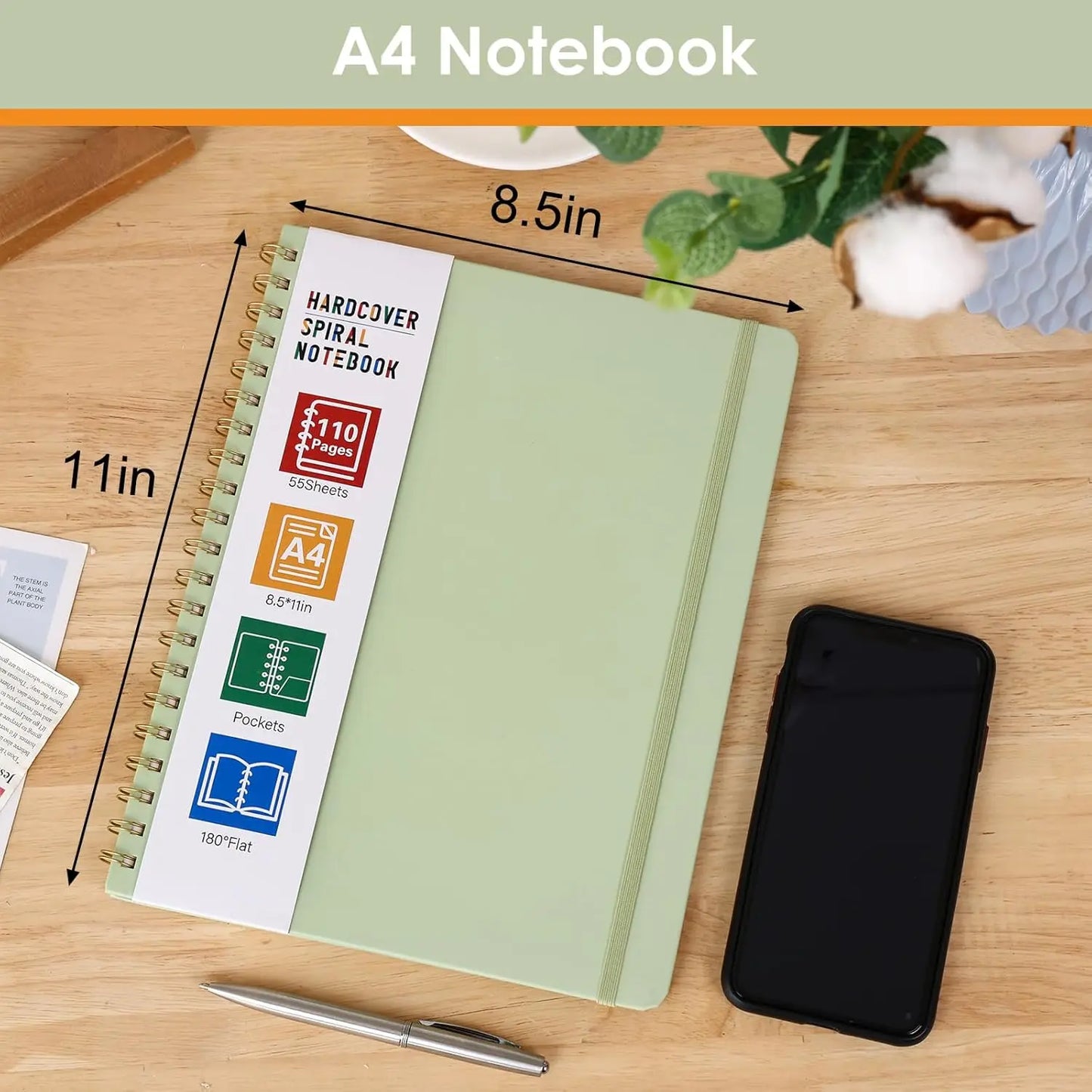 Spiral Notebook A4 Hardcover, 8.5x11 Green Journal with 110 Pages