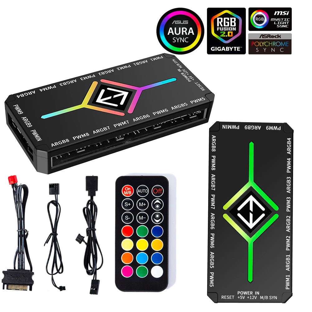 1 To 9 3 in 1 5V 3 Pin ARGB Controller Cooling Fan for PC