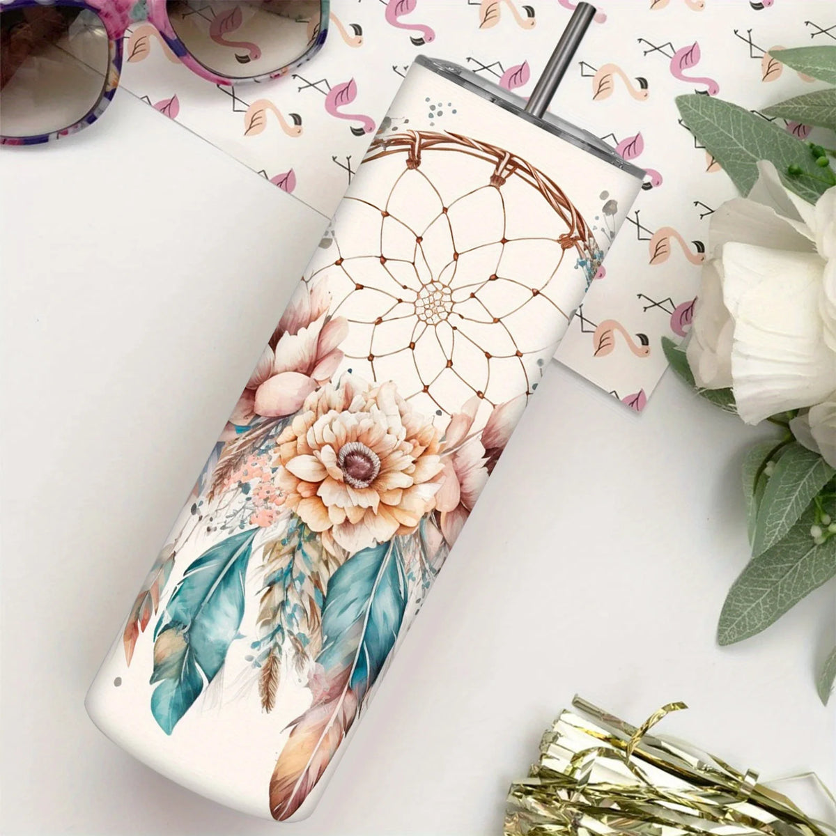 Dreamcatcher Boho Feathers & Flowers 20oz Tumbler - Stainless Steel