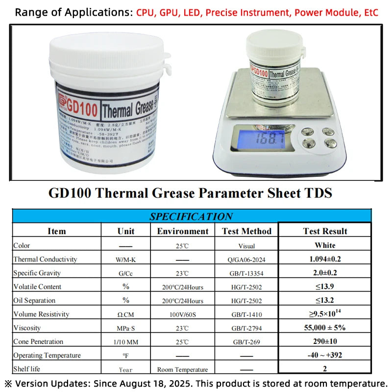 Thermal Paste GD100 Thermal Conductive Paste  Grease Net Weight 150 Grams White Plaster Heat Sink Compound for CPU GPU LED Power Module CN150