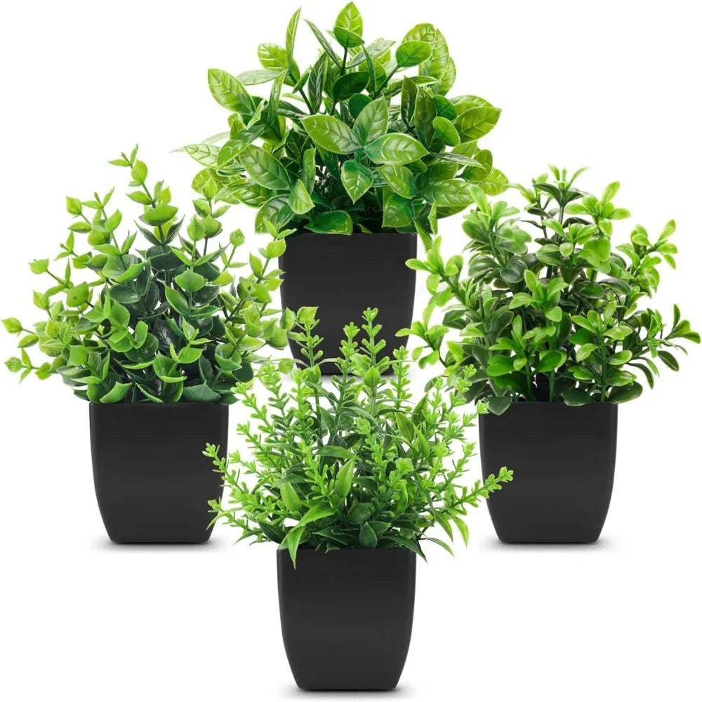 4 Pack Black Mini Artificial Greenery Potted Plants