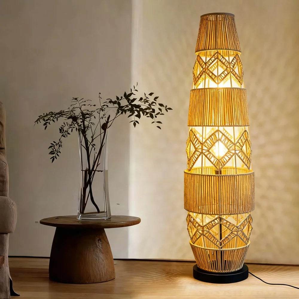 Tall Vintage Wicker Floor Lamp Woven Cane Rattan Art Ethnic LED