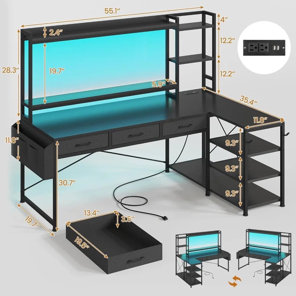 55 L Shaped Gaming Desk with Hutch, Drawers, Shelves and Storage