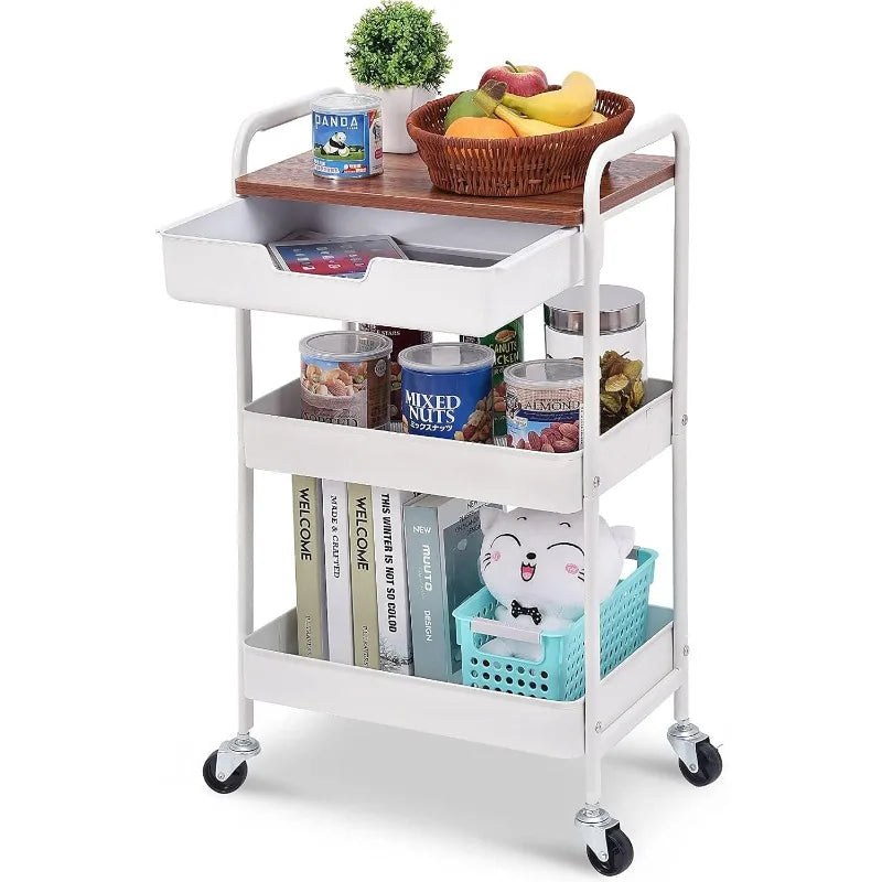 3-Tier Utility Rolling Cart with Wooden Board and Drawer