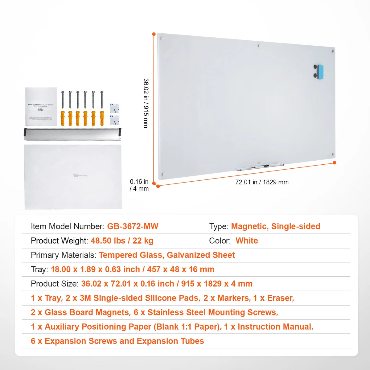 VEVOR Magnetic Glass Whiteboard 36"x24"/48"x32"/72"x36"