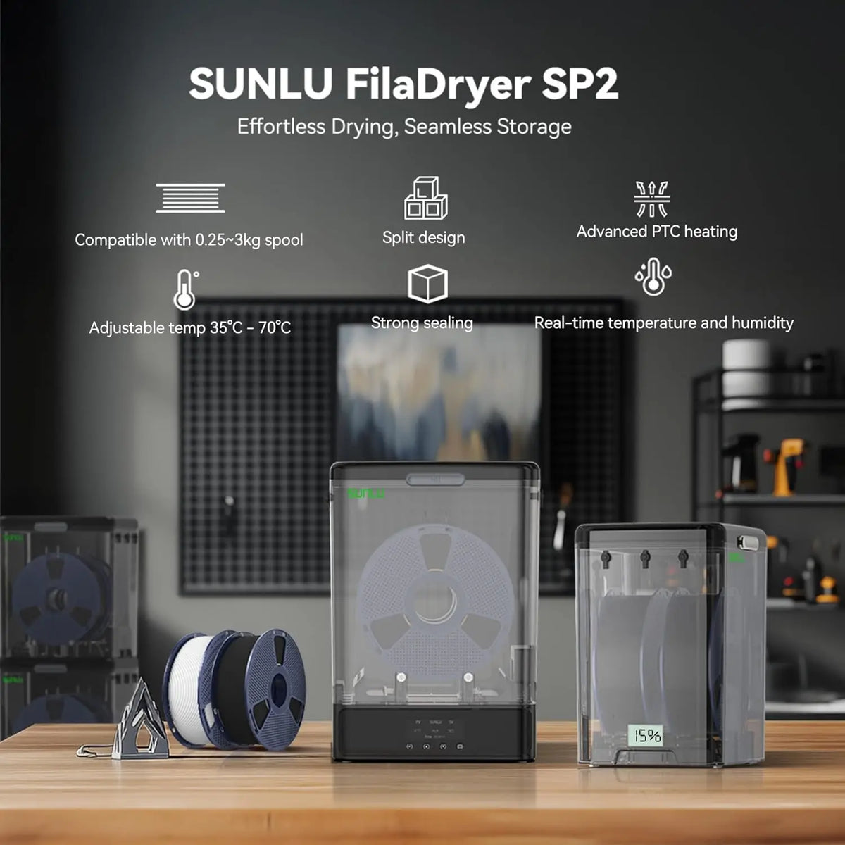 SUNLU SP2 Filament Dry Box, Fits 2x1kg/1x3kg spools,1.75-2.85mm
