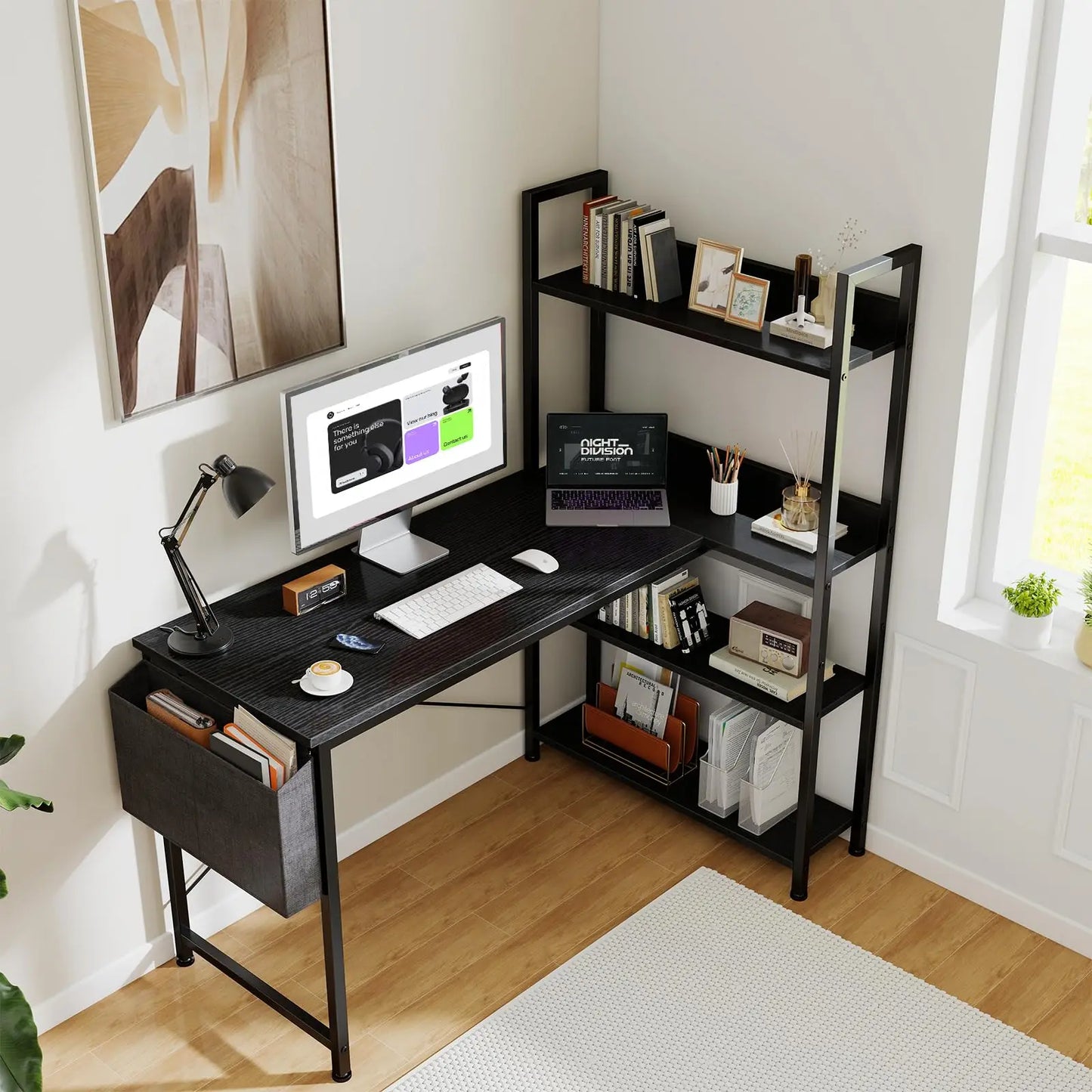 JHK 47 Inch L Shaped Desk with Storage Shelf
