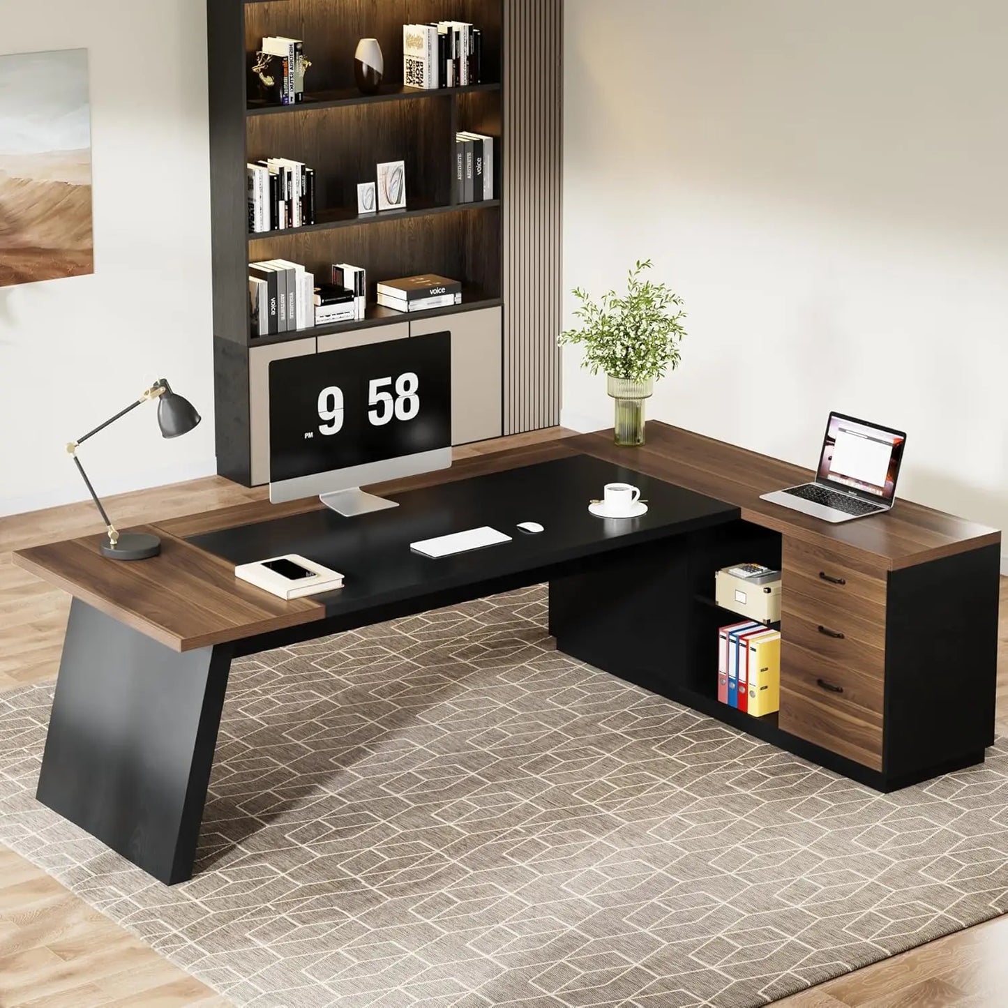 78" L-Shaped Desk, Modern Executive Desk with Drawers