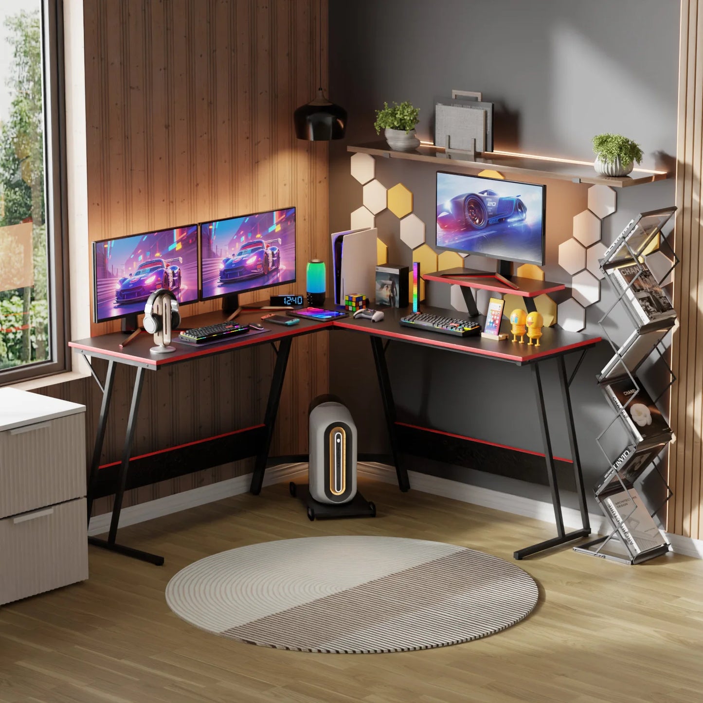 L-Shaped Corner Computer Desk with Large Monitor Stand