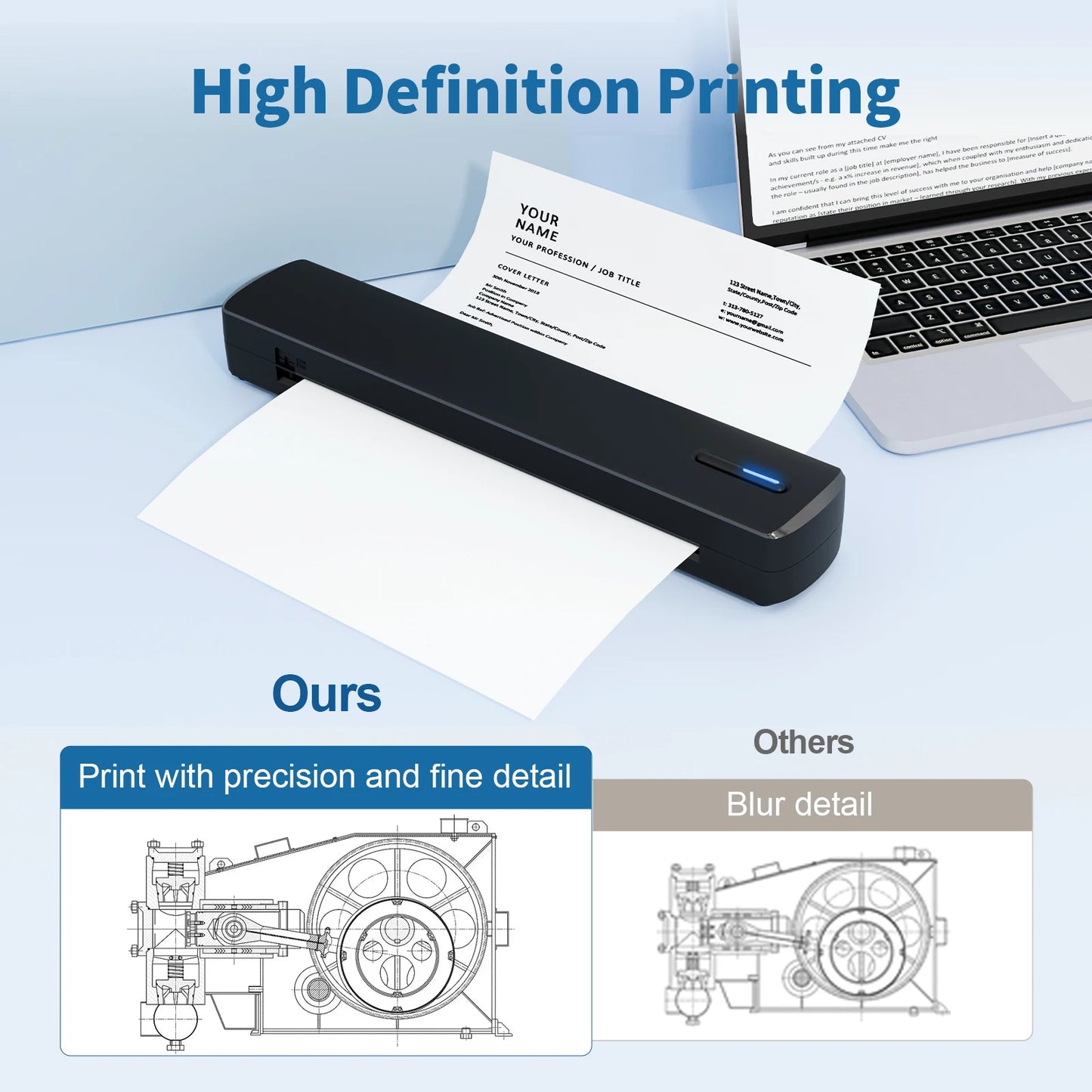 Portable A4 Thermal Printer Inkless Wireless 300DPI 1500mAh BT USB Type-C
