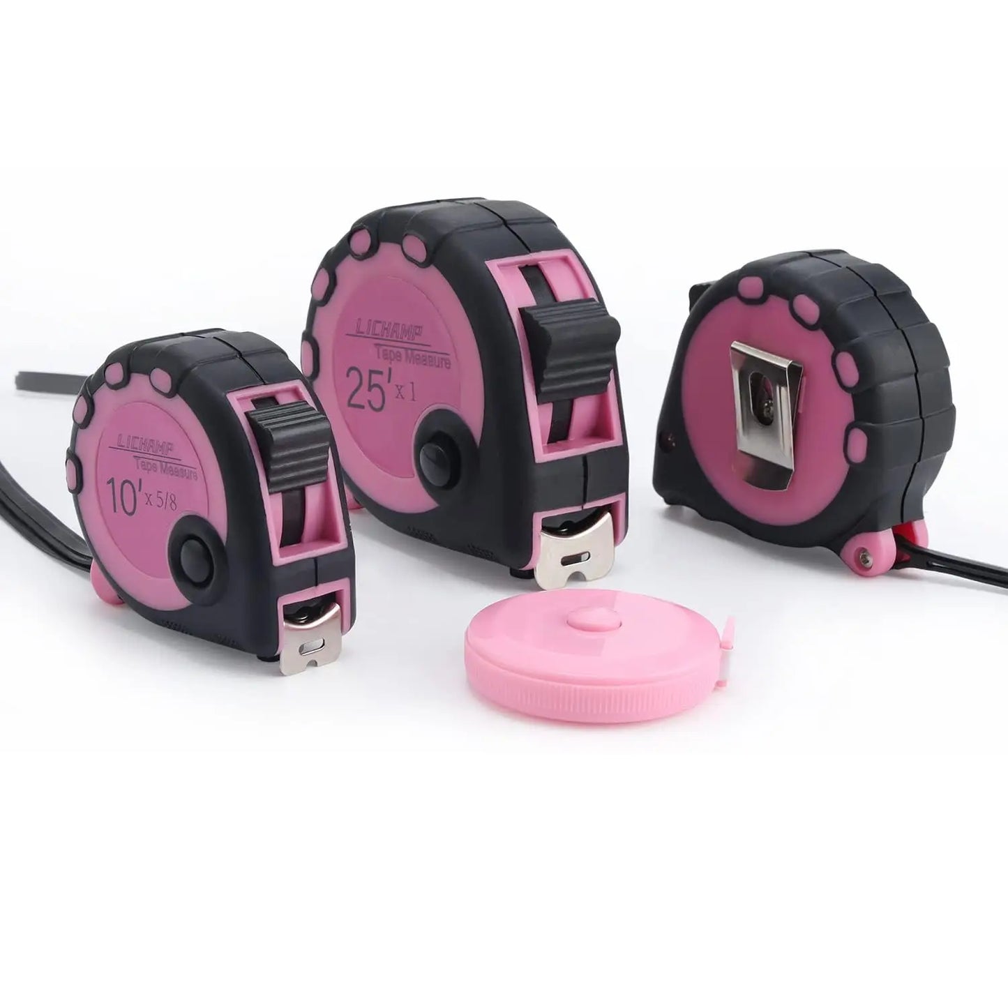Pink Tape Measure 4 Pack, 10ft x 5/8in, 16ft x 3/4in, 25ft x 1in