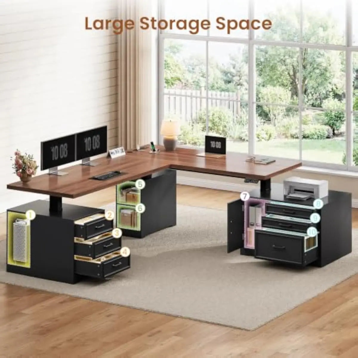 L Shaped Electric Height Adjustable Desk 76.8 x 55 with File Drawer