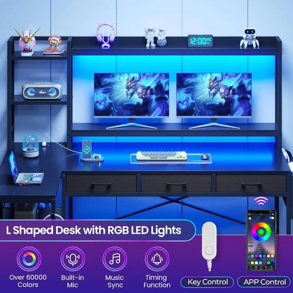 55 L Shaped Gaming Desk with Hutch, Drawers, Shelves and Storage