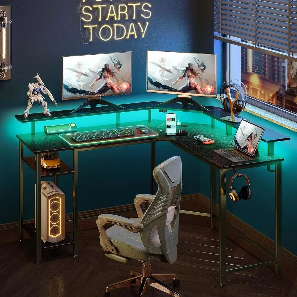 HOT-L Shaped Gaming Desk With LED Lights & Power Outlets, 46.2"