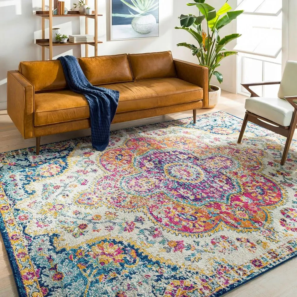 Vintage Boho Fuchsia Mustard Blue Floral Medallion Area Rug, 7x9
