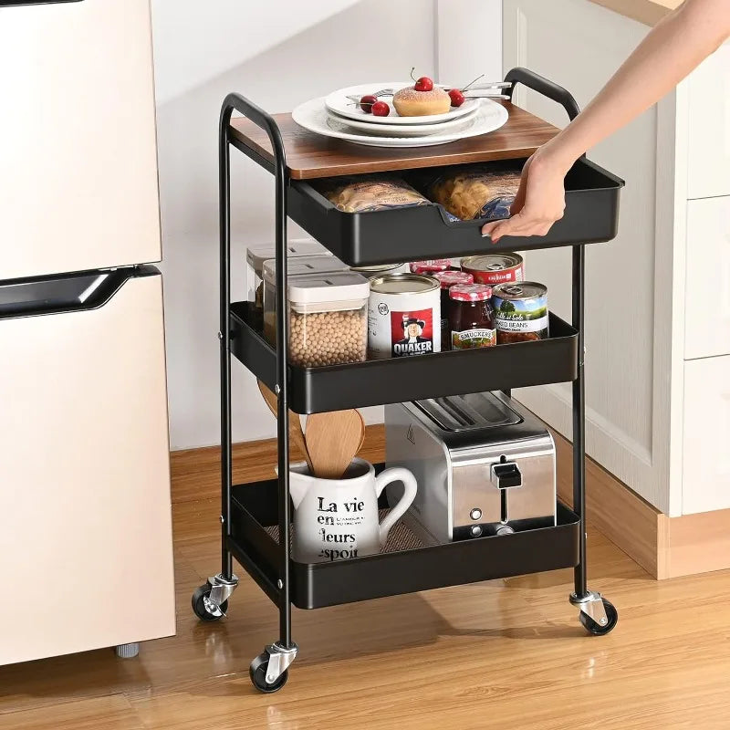 3-Tier Utility Rolling Cart with Wooden Board and Drawer