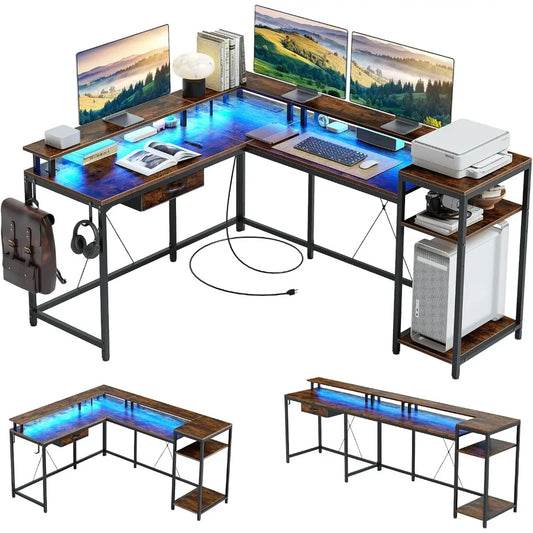 L Shaped Gaming Desk with Power Outlets & LED Lights