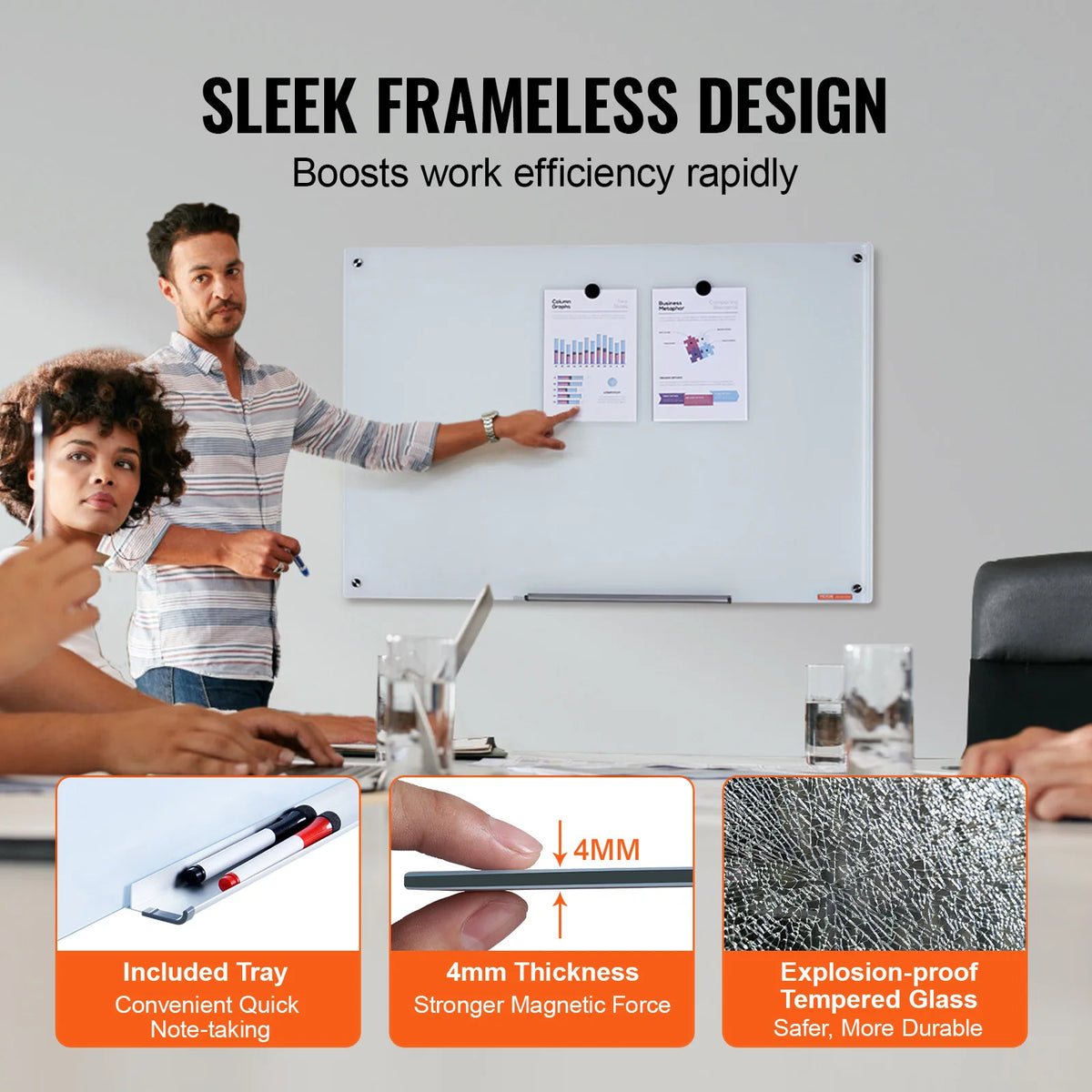 VEVOR Magnetic Glass Whiteboard 36"x24"/48"x32"/72"x36"