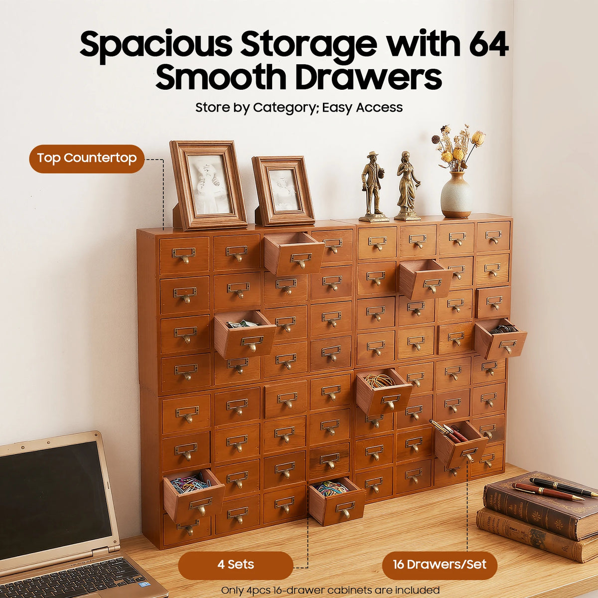 Drawer Wooden Storage Box 64 Drawers Compact Organize Cabinet 4 Units