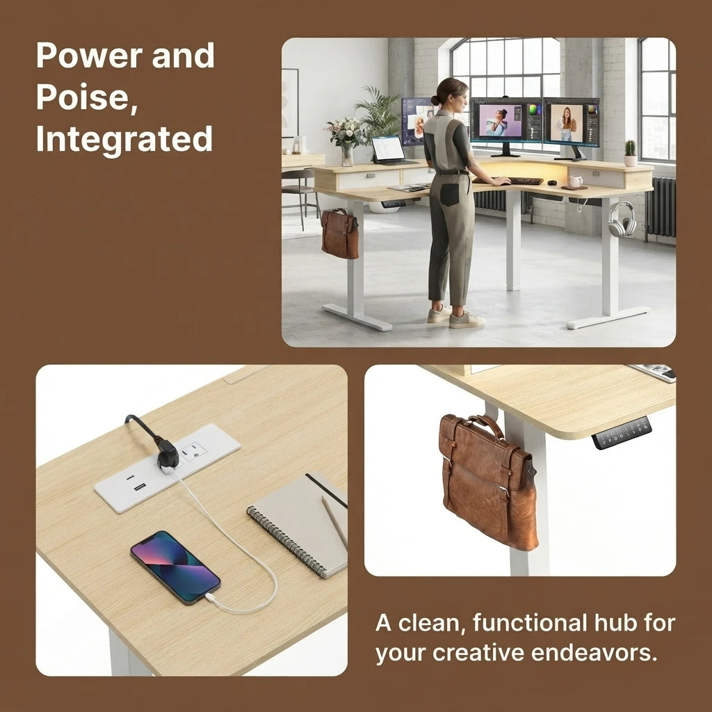 65" L‑Shaped Electric Standing Desk with 3 Drawers, Height Adjustable