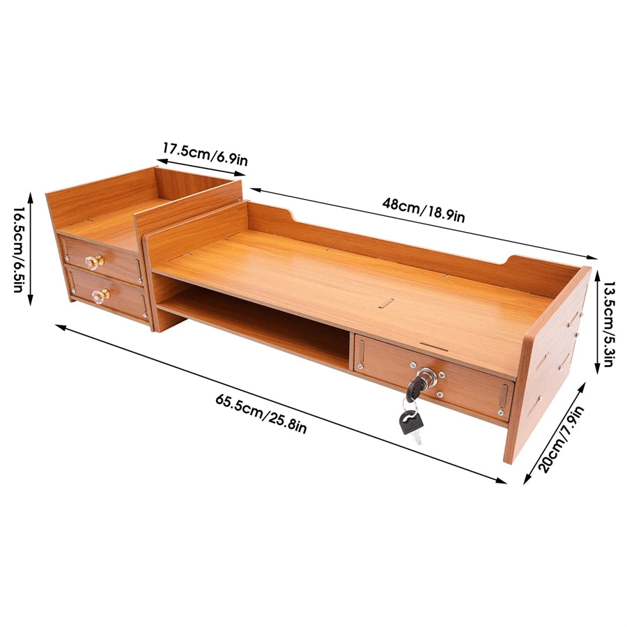 Computer Monitor Stand, Wooden Desk Organizer with Drawers