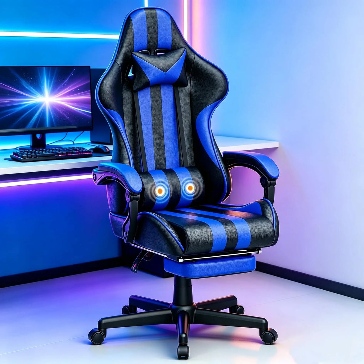Gaming Chair with Footrest, Adjustable with Pillow, Racing Style