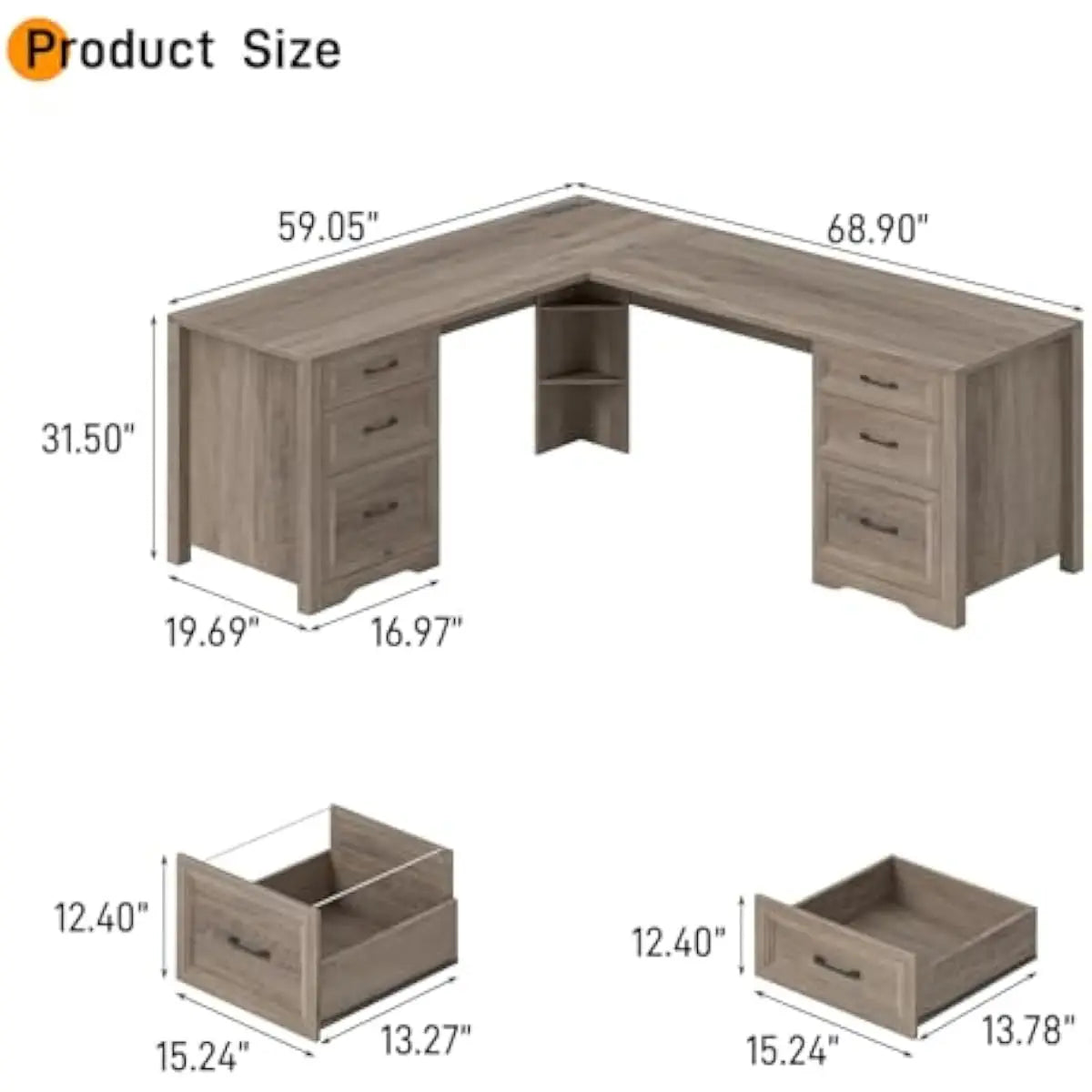 L Shaped Modern Desk with 4 Large Drawers Built-in Power Hub