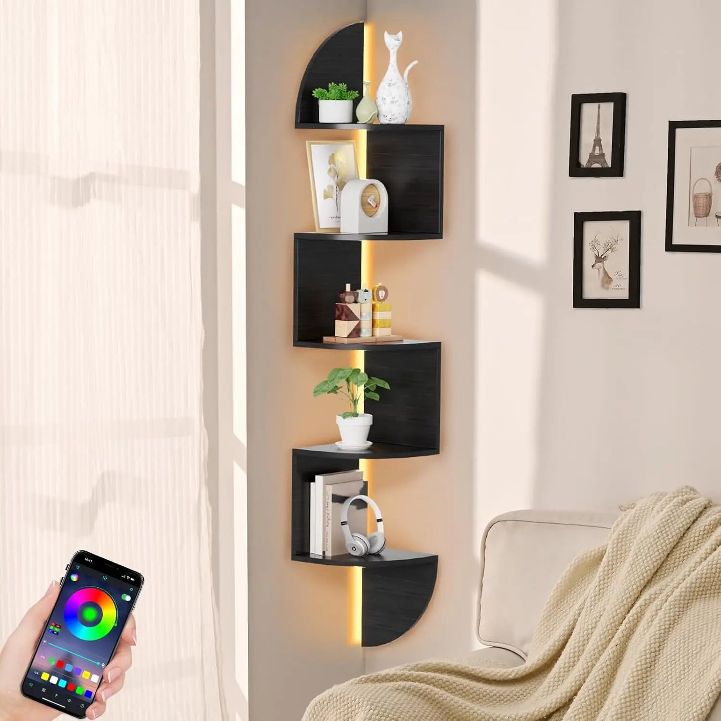 5-Tier Corner Shelf with LED Lights, for Home and Office Display