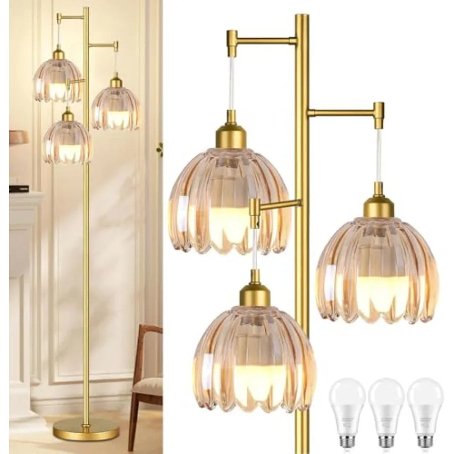 Gold Floor Lampswith Glass Lampshade and Three Led Bulb