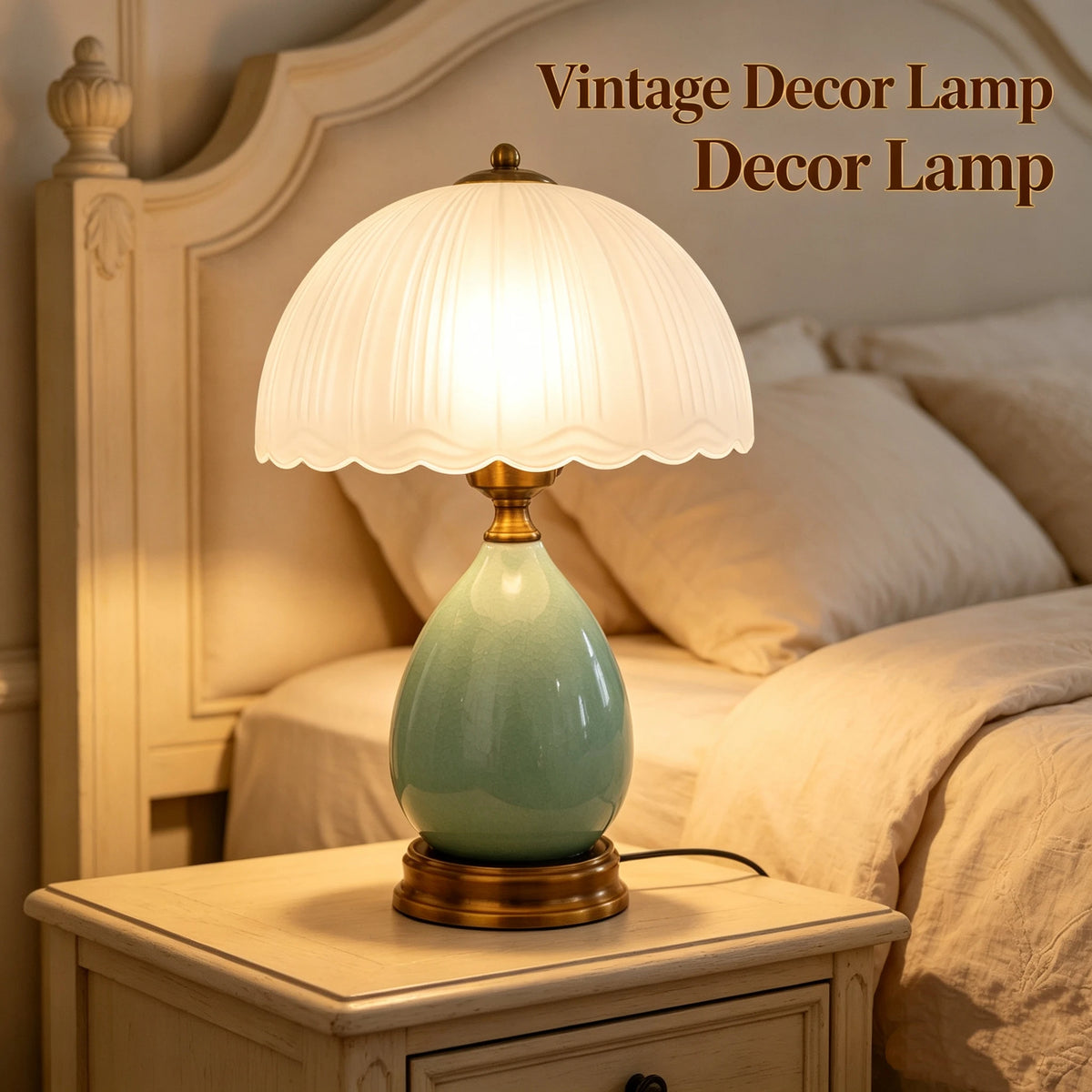 Vintage Crackle Green Ceramic Table Lamp with Frosted Glass Shade