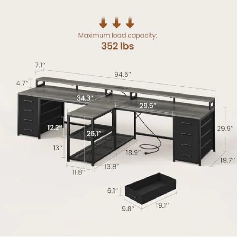 94.5 2 Person Gaming Desk Long Office Computer Desk with 8 Drawers