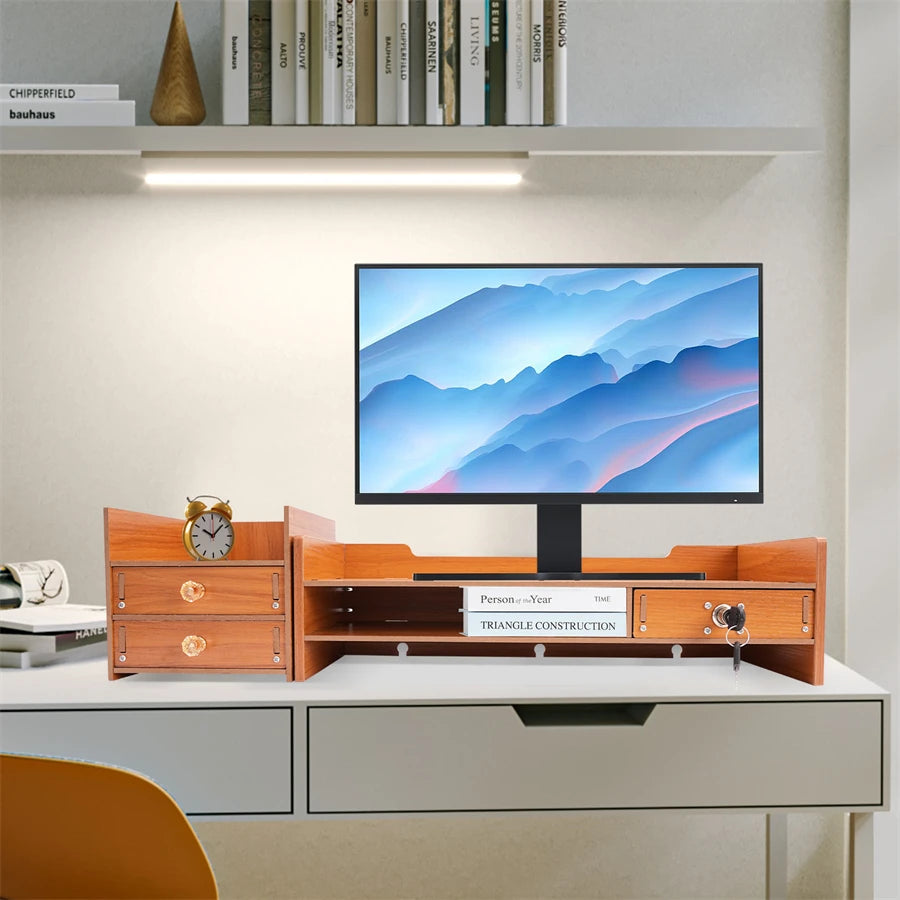 Computer Monitor Stand, Wooden Desk Organizer with Drawers