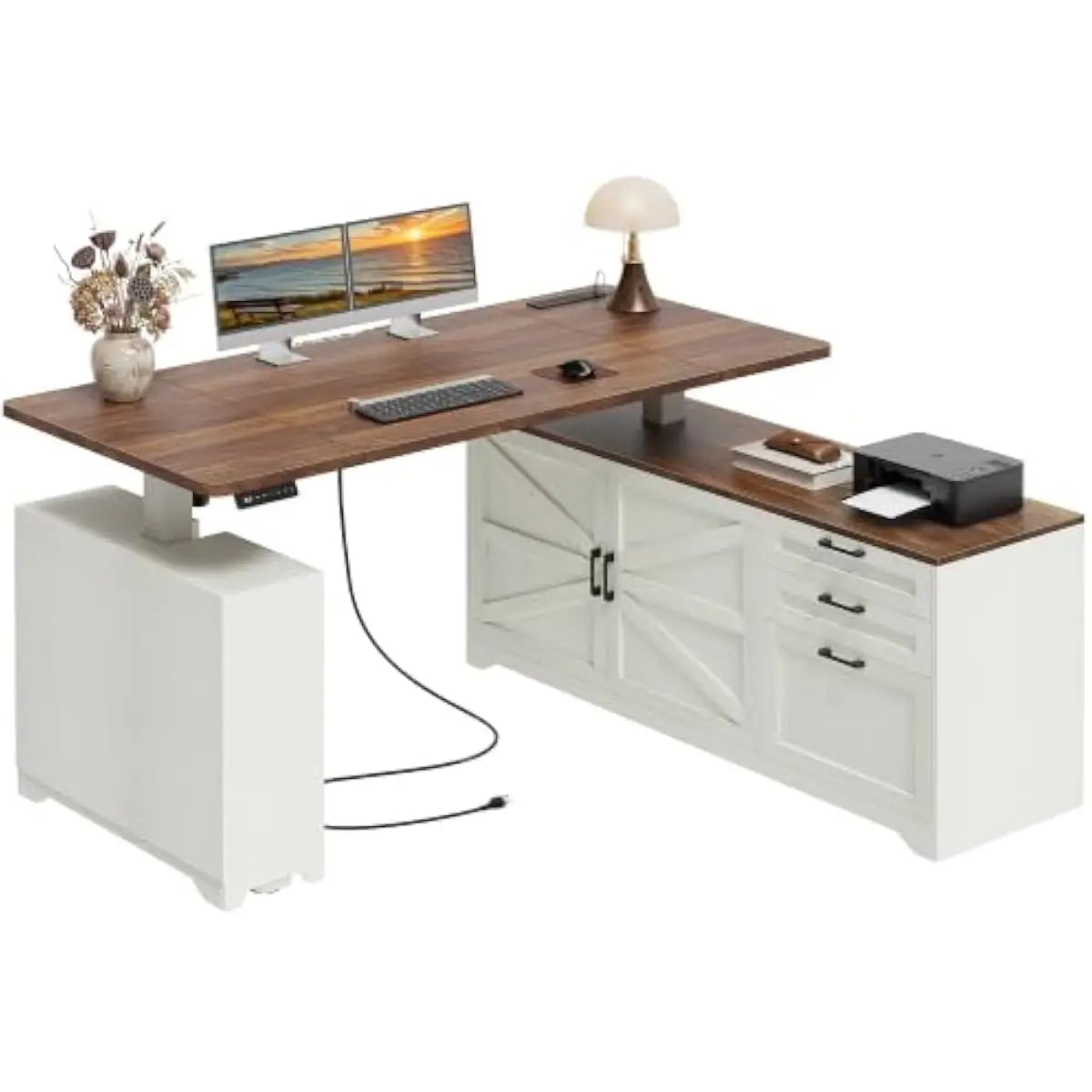L Shaped Electric Standing Desk 55 Inch Farmhouse Style Adjustable Height