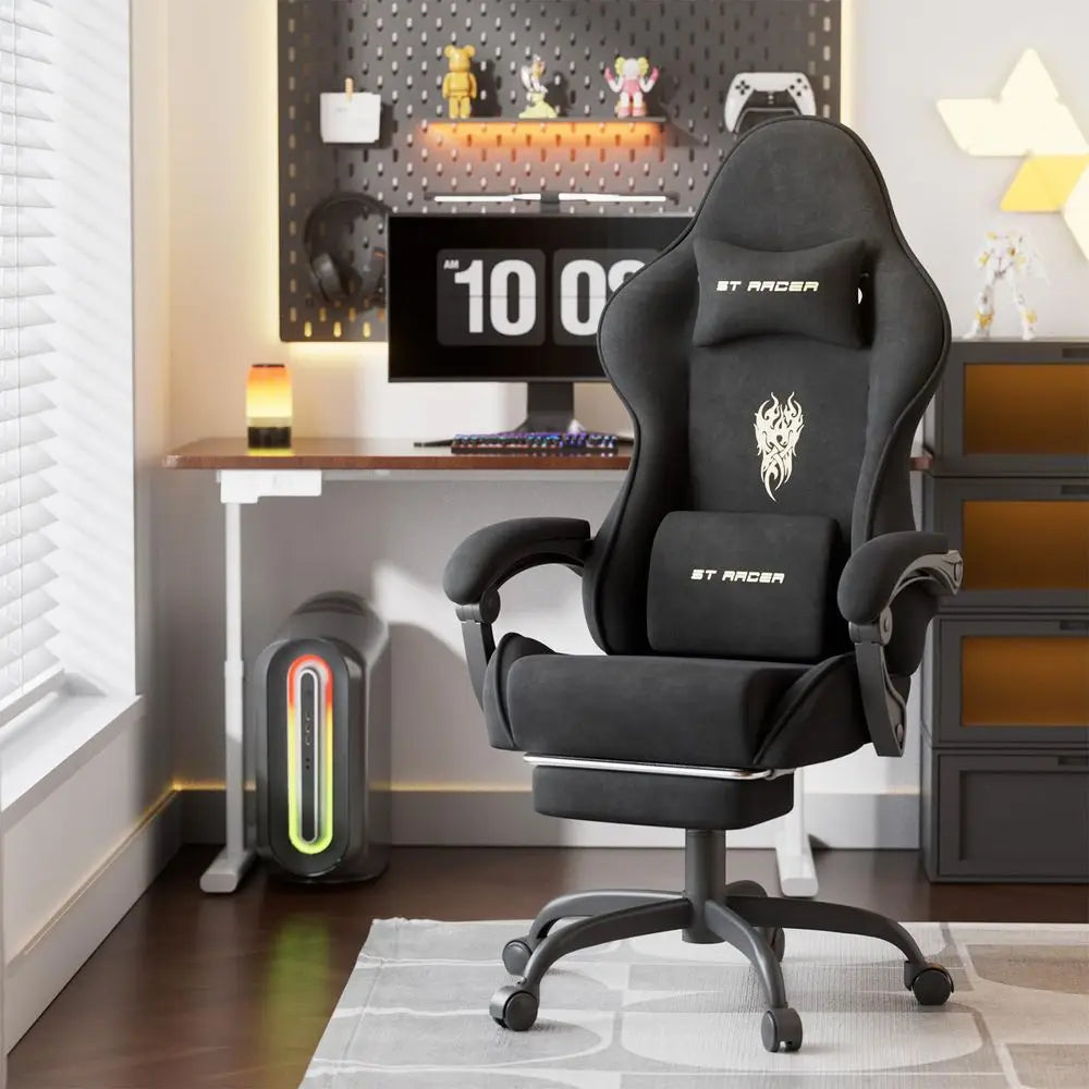 Velvet Fabric Gaming Chair with Footrest and Massage