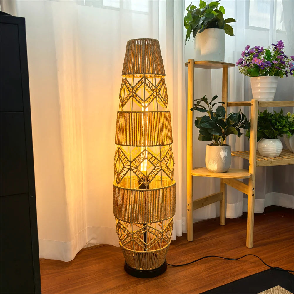 Tall Vintage Wicker Floor Lamp Woven Cane Rattan Art Ethnic LED