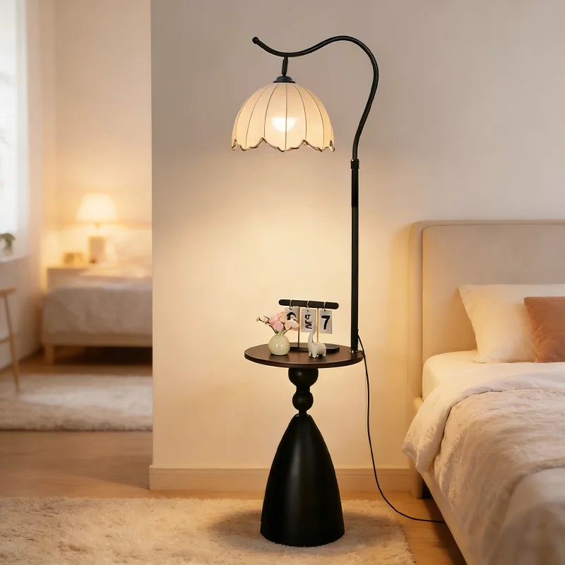 Vintage-Style Floor Lamp: featuring a hanging shade and a solid wood tabletop