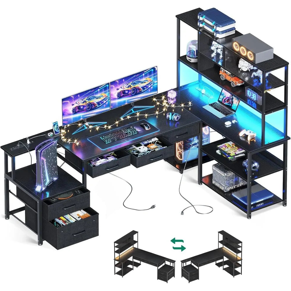 79 inch L Shaped Desk with 5 Drawers, LED Light & 2 Power Outlets